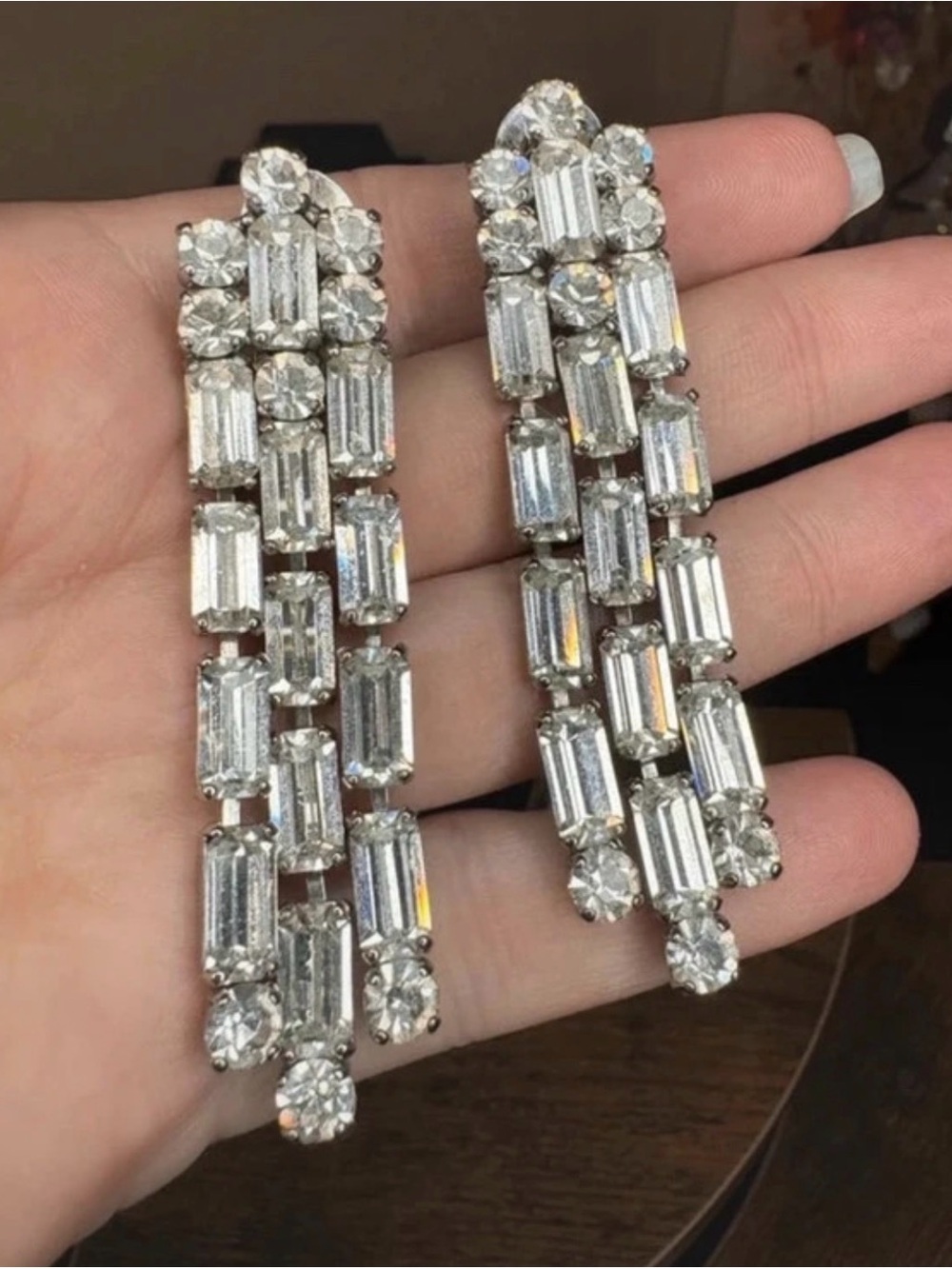Vintage Schreiner 3" Clear Rhinestone Chandelier Waterfall Clip On Earring